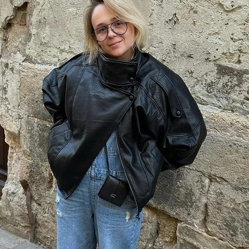 HXAO Black Jacket For Woman Outerwears Faux Leather Long Sleeve In Coats And Jackets Zipper Bomber Motorcycle 251028