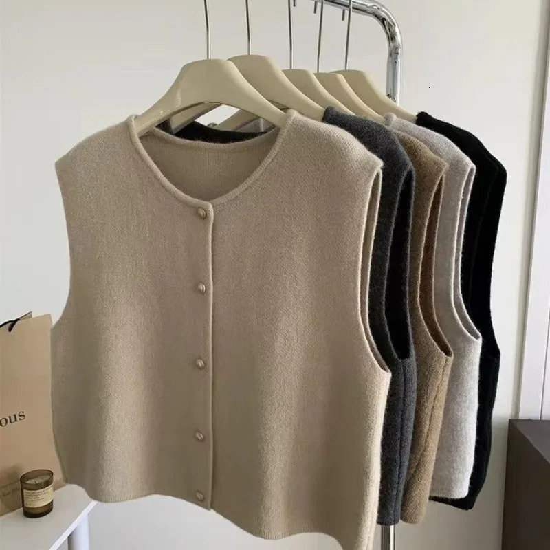 2025 Spring Fall Korean Fashion Round Neck Sweater Vest Solid Color Knitted Tank Top Sleeveless Cardigan Waistcoat Knitwear 251029