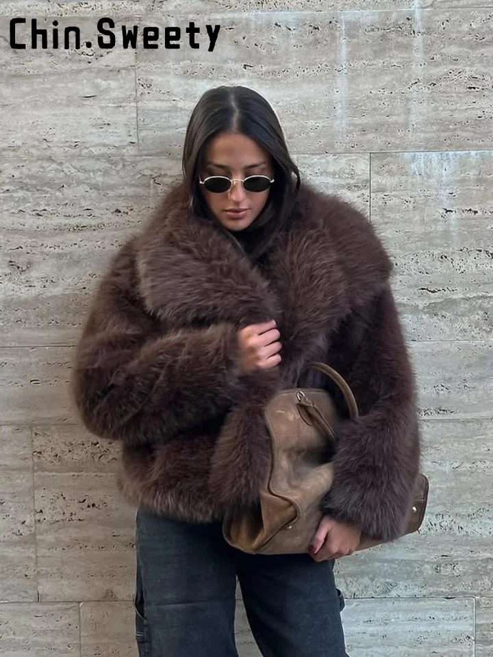 Fashion Solid Faux Fur Coat Women Loose Lapel Full Sleeve Street Outwears Autumn Winter Lady Furry Warm Outwear 251028