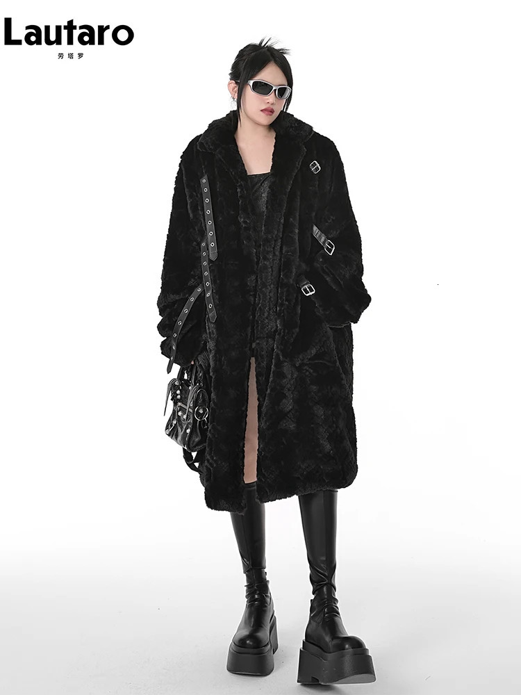 Lautaro Winter Cool Long Loose Casual Soft Thick Warm Black Fuzzy Faux Fur Coat Women Stand Collar Punk Style Fluffy Jacket 251029