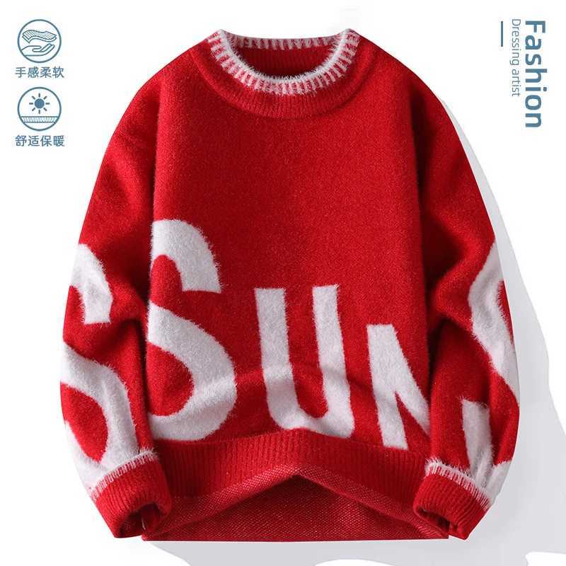 Mens Knitted Sweater with Letter Pattern Retro Design Oneck Loose Fit Autumn Winter Warm Casual Top High Street Style Sweater J251029