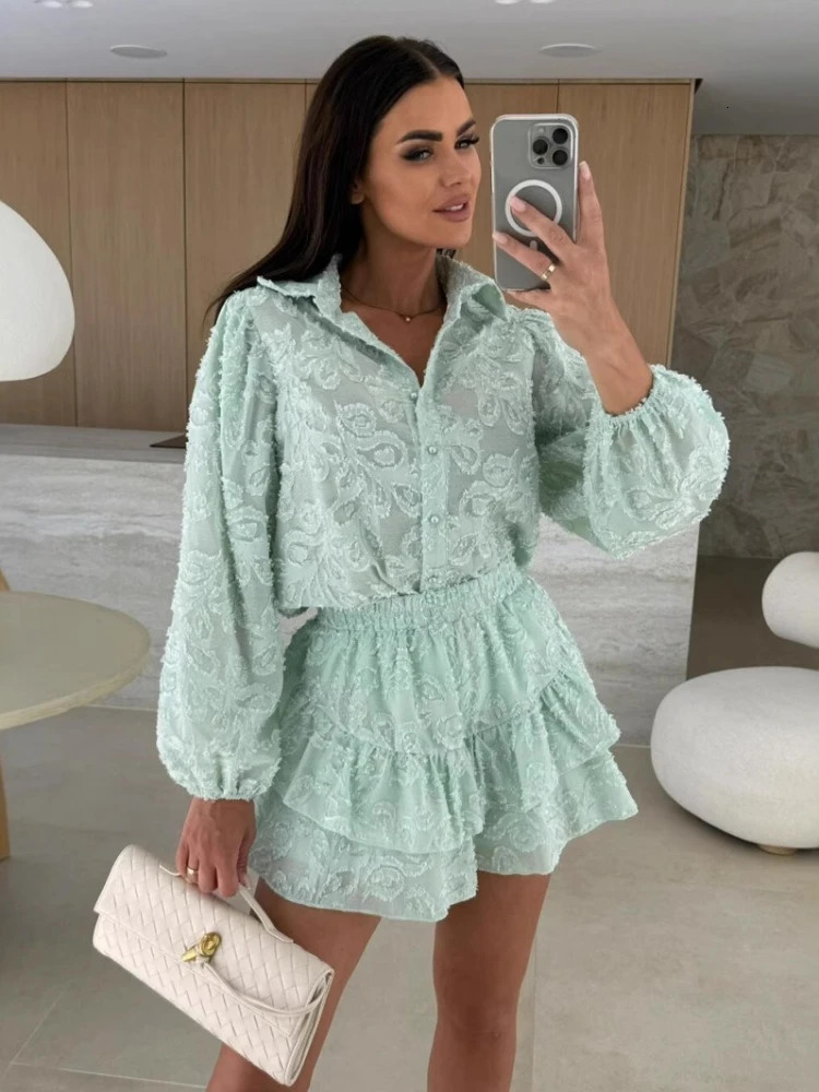 Summer Fashion Womens Elegant Hollow Two Piece Casual Long Sleeved Top Mini Shorts Temperament Street Set 251029