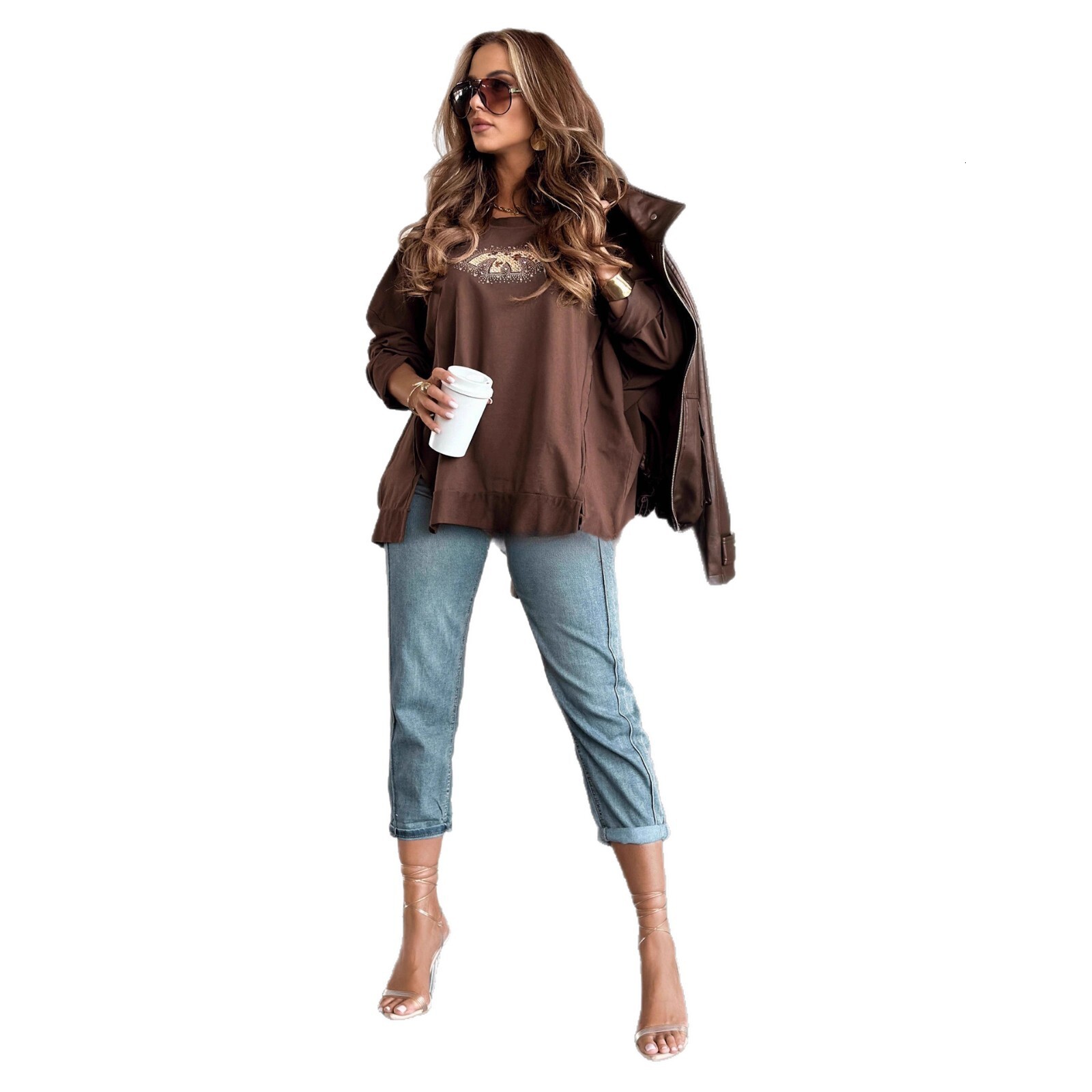 European and American style designer autumn new hot selling round neck rhinestone long sleeved sportswear top