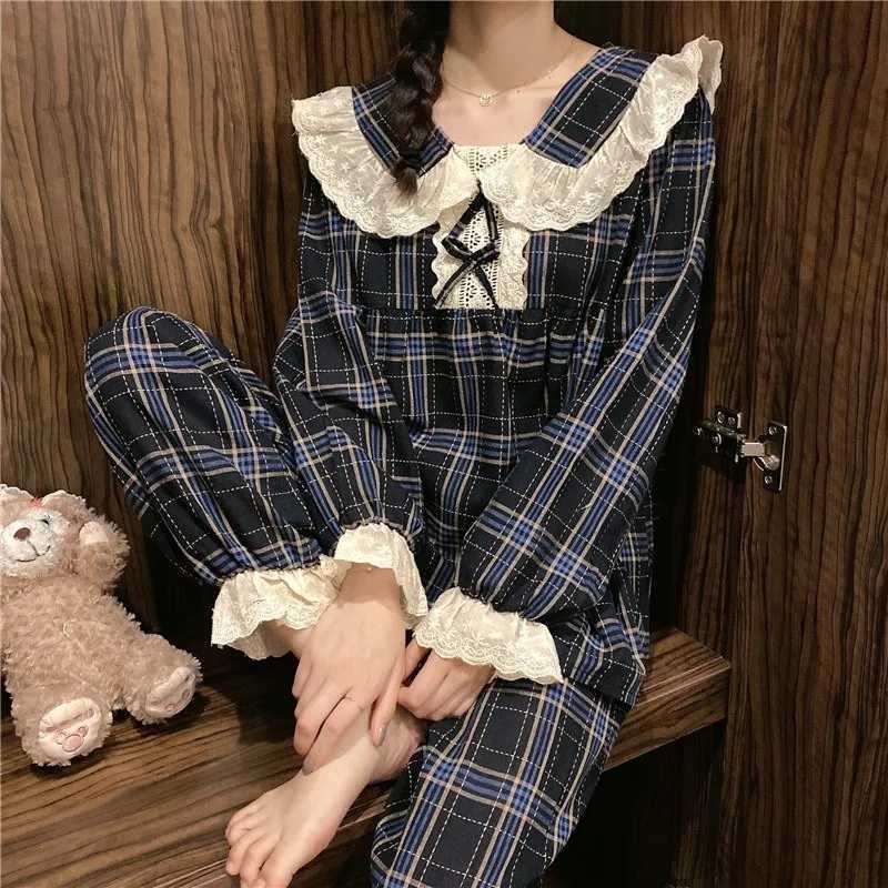 Night Wear Woman Sexy Sweet College Style Pajamas Women Long Sleeve Lace Doll Collar Gradient Grid Loungewear Long Sleeve TrousT251029