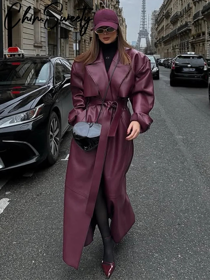 Street Pu Leather Women Long Coat Y2K Solid Belt Lapel Pocket Full Sleeve Female Jacket 2025 Autumn Winter Lady Outwear 251029