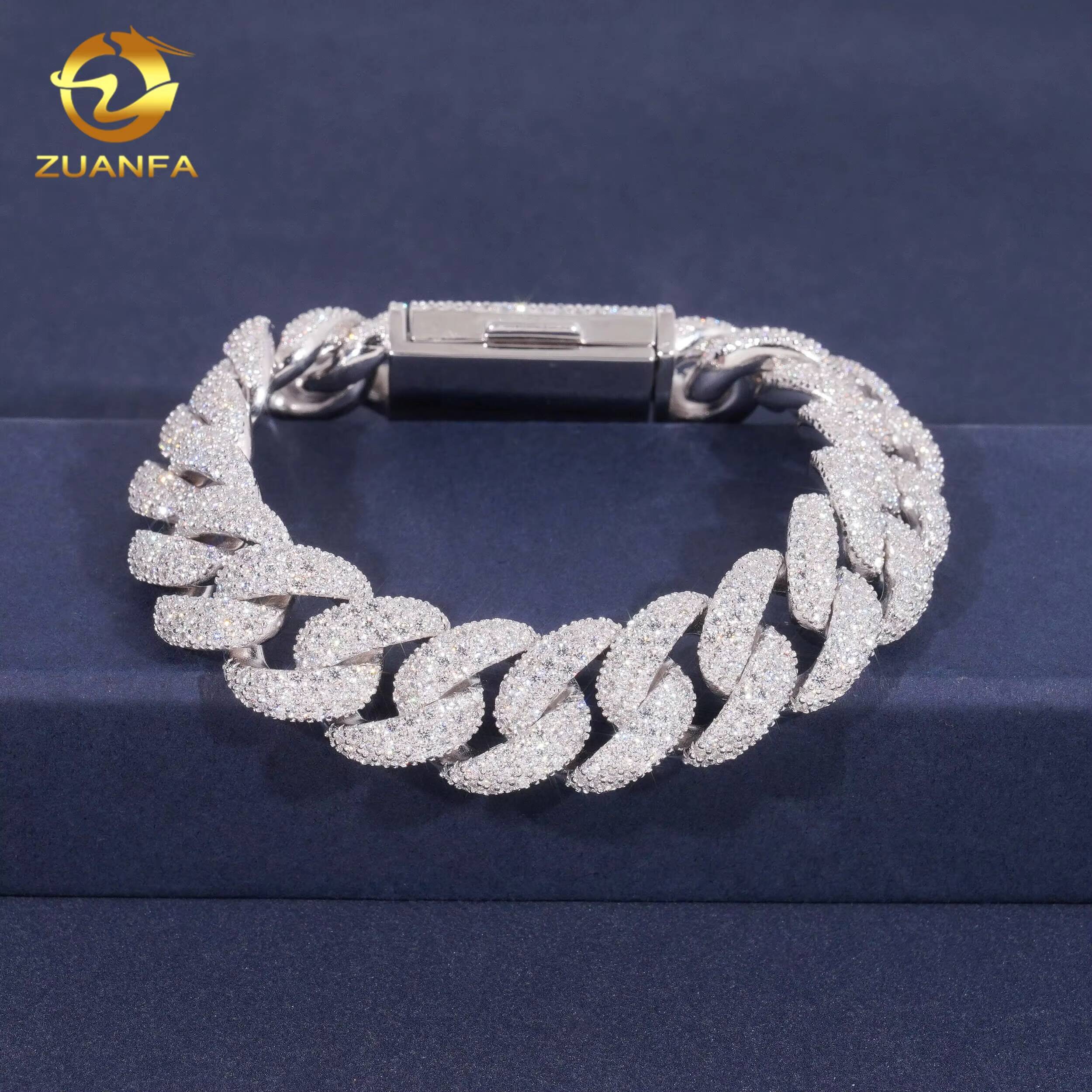 Hip Hop Pass Diamond Test Moissanite 15mm Iced Out Cuban Link Bracelet 925 Sterling Silver Linked Men Bracelet