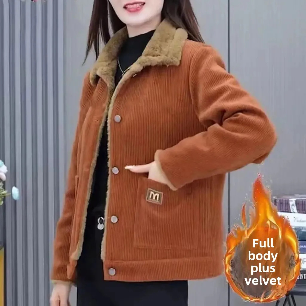 Plus Size Autumn Winter Thickened Corduroy Womens Short Coat Warm Fashion Slimming Loose Long Sleeve Jacket Stylish AntiAging 251029
