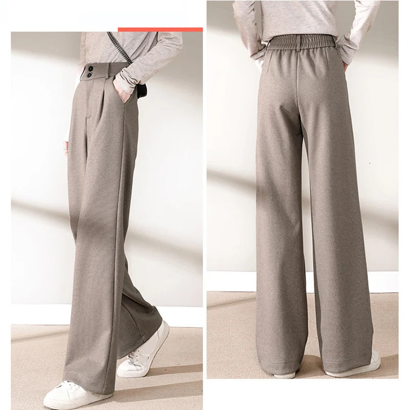 Autumn Winter Women Concise Woolen Pants Lady Wide Leg ner Outside Trousers Female Thicken High Waisted Draping 251029