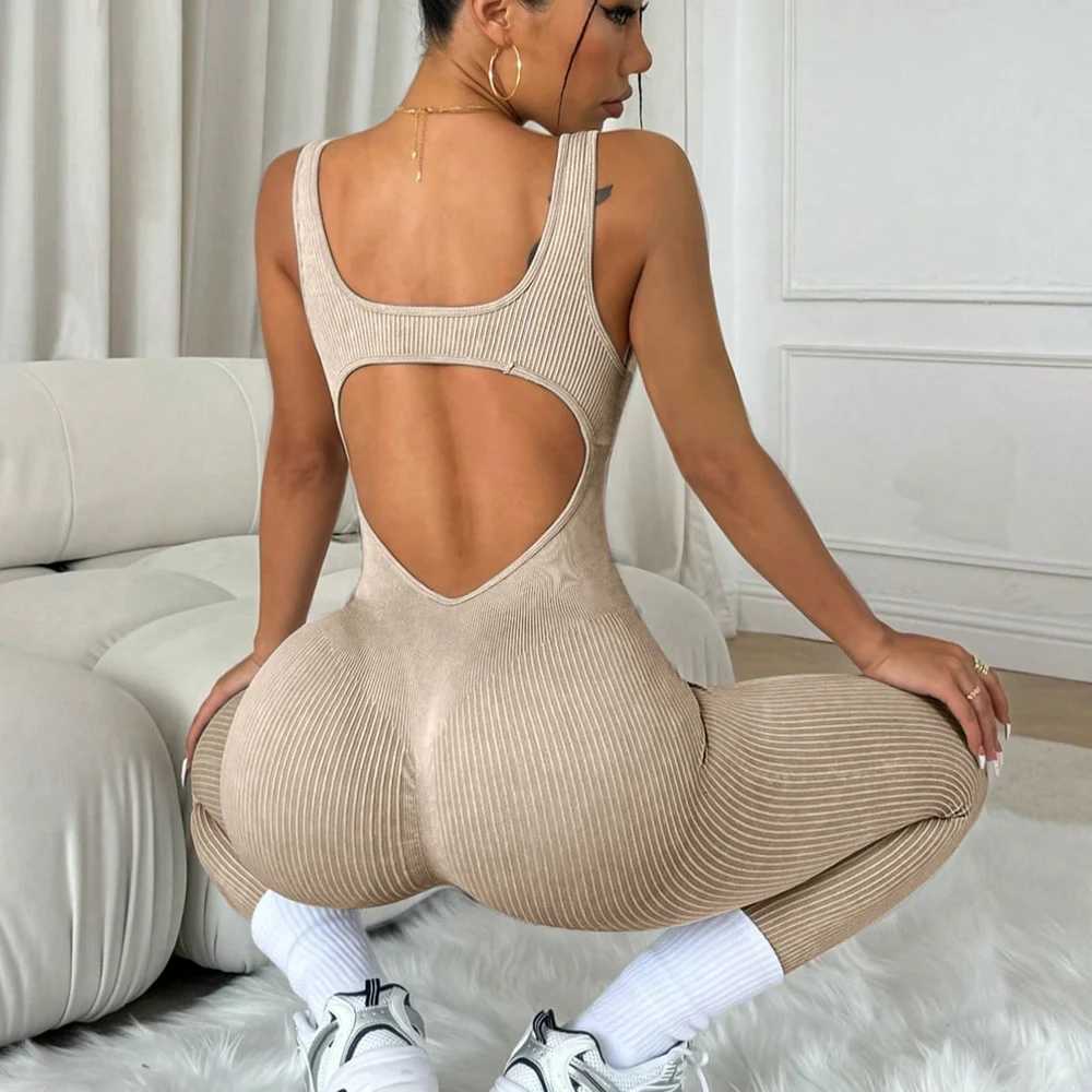 Ribbed Jumpsuit Women Gym Set Training Yoga Suit Sportswear One Piece Sports Jumpsuit Fitness Rompers Stretch Workout BodysuitsXJ251029