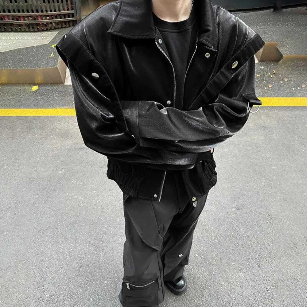 Mens Liquid Metal Shiny Shoulder Pad Biker Casual Jacket Autumn Streetwear Fashion Motorcycle Short Jacket MenS Clothing 2025T251029