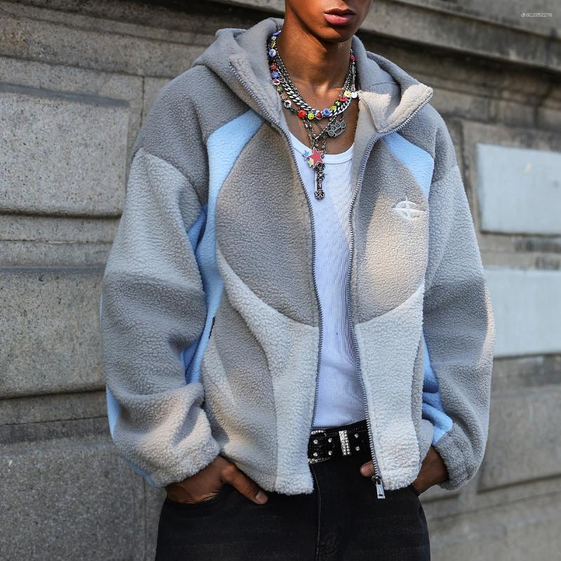 Men's Jackets Color-Block Sherpa Hooded Jacket - Zip Closure & Ribbed Cuffs Warm Oversized For Winter Street Gatherings