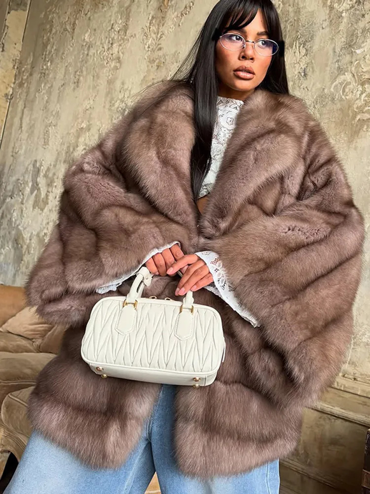 Women Fluffy Faux Fur Coat Fashion Lapel Long Sleeve Loose Pleated Jackets 2025 Winter Female Chic High Street Outerwear 251029