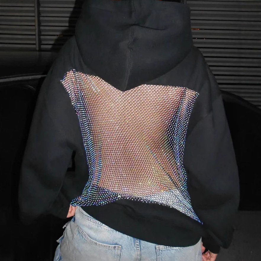 Women's fashionable hooded sweatshirt, casual long sleeved pullover, designer American hollow mesh long sleeved sweatshirt