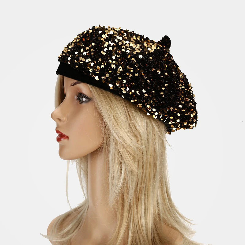 Ladies Sequin Vintage Beret Fashion Women French Round Caps Europe America Elegant Octagonal Cap Personality Painter Hat 251029