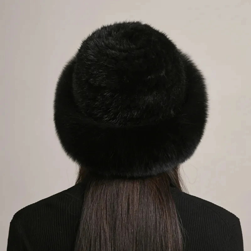 Genuine Real Natural Knitted Mink Fur Hat Cap Women Handmade Knit Fashion Winter Headwear Warm Real Fox Fur Beanies 251029