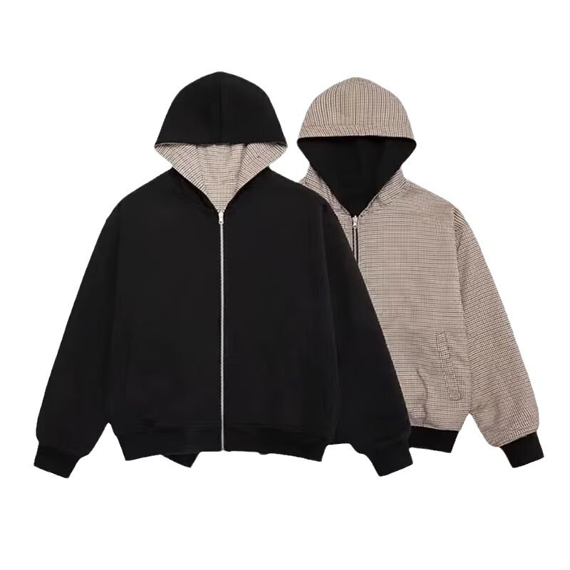 American Style Reversible Houndstooth Zipper Hooded Sweatshirt Jacket For Men, Spring And Autumn Short Loose Designer Jacket Fit Jacket Top