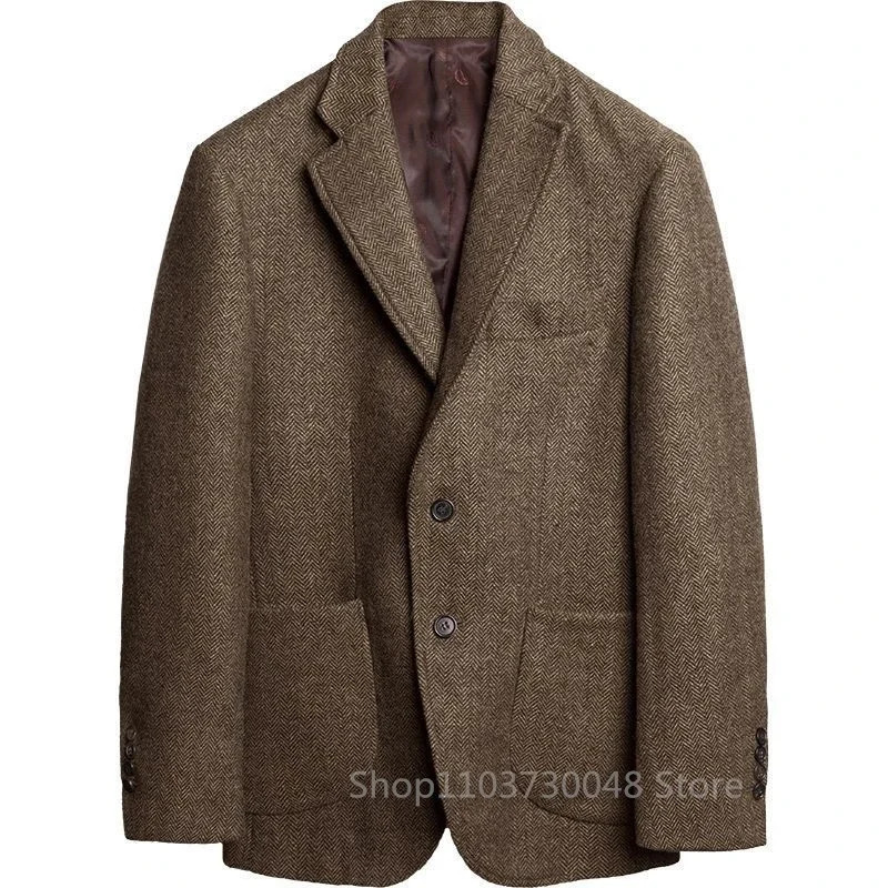 Gray Wool Tweed Winter Suit Blazer Single Breasted Jacket Formal Fashion Notch Lapel Herringbone Coat for WeddingBusiness 251028