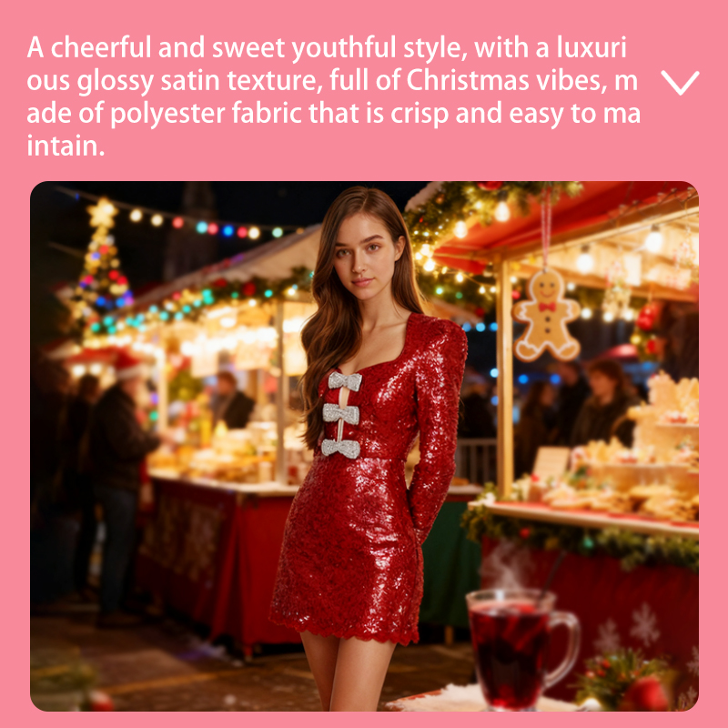 Prom Dresses Women's Red Sequin Christmas Mini Dress, Bow Detail Long Sleeve Party Dress, Sparkly Cocktail & Holiday Event Gown YJY0005