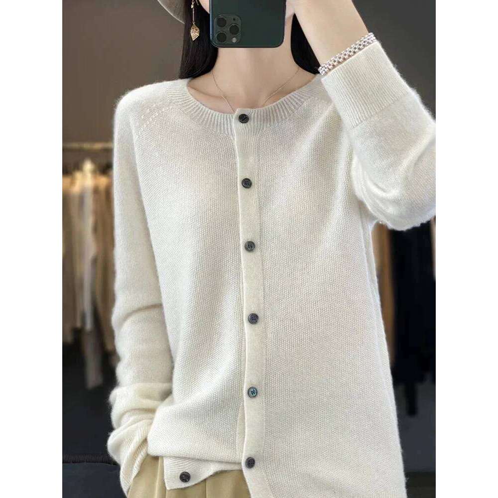 Aoaiiys Cardigan Women Fashion 100% Wool Cardigans Cashmere Sweater Autumn Winter Casual Coat O-Neck Long Sleeve Loose Knit Tops