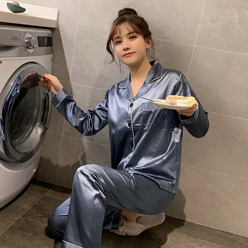 Plus Size 5XL Womens Solid Color Pajamas Set Satin Silk Sleepwear Turndown Collar Pijimas Soft Loose Loungewear Home Clothes 251029