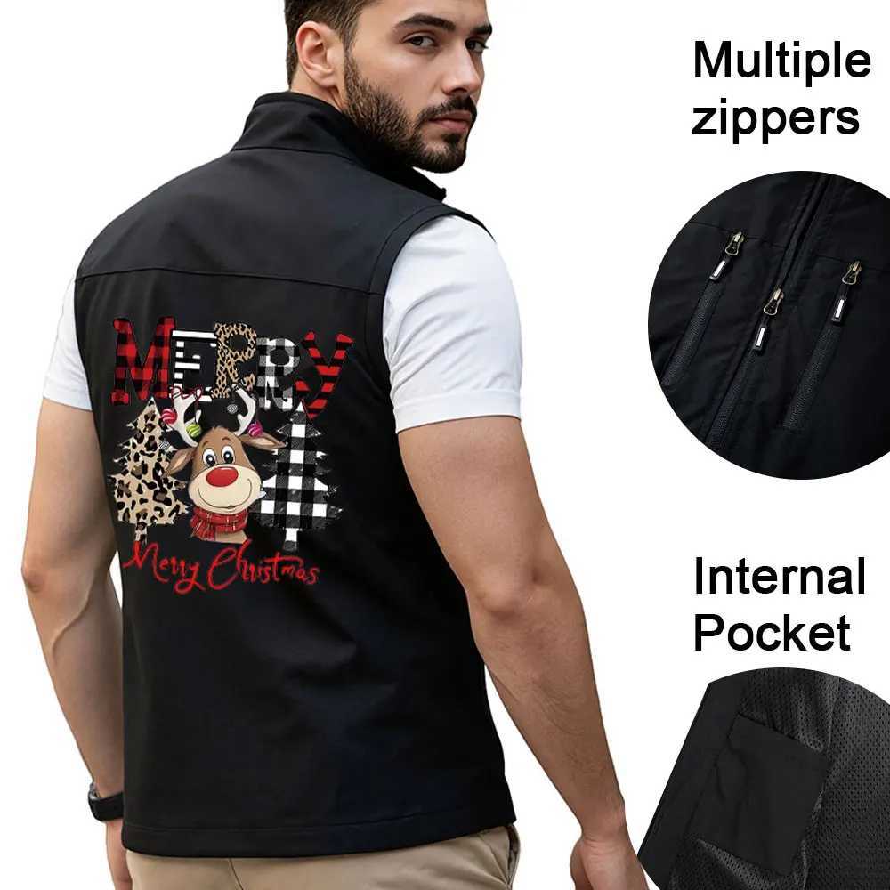 Mens Vest Coat Christmas Elk Prints Multiple Zipper Pockets Sleeveless Windproof Outwear Windbreaker for Hiking Fishing Camping W251029