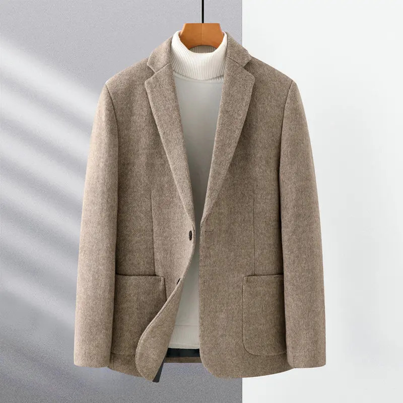 Men Elegant Tweed Blazer Beige Coffee Gray Sheep Wool Suit Jackets Male Business Casual Office Outfits Winter Autumn Attire 251028