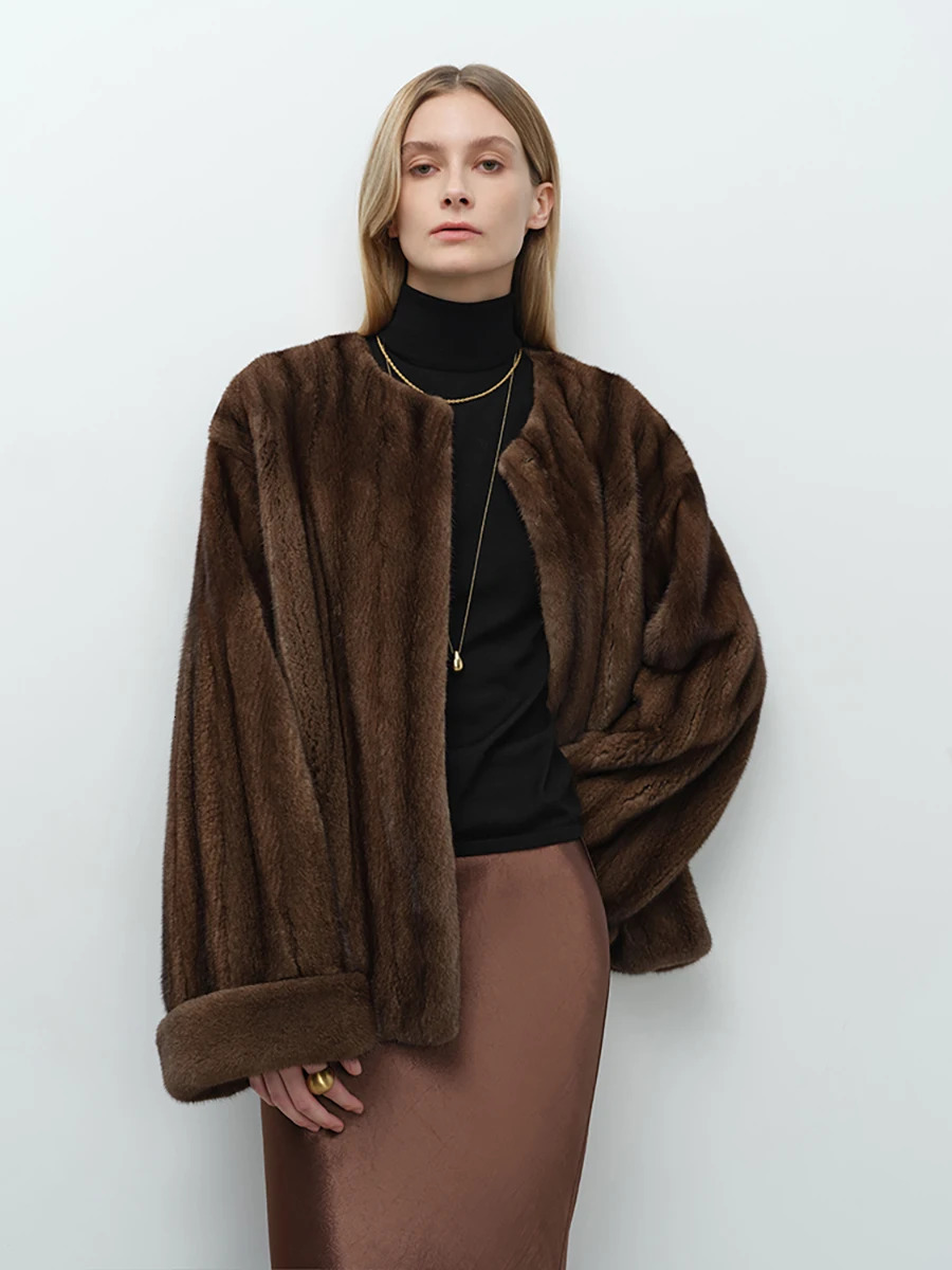 Lautaro Autumn Winter Short y Elegant Thick Warm Soft Brown Faux Mink Fur Coat Women Long Sleeve Modern Chic Fluffy Jacket 251028