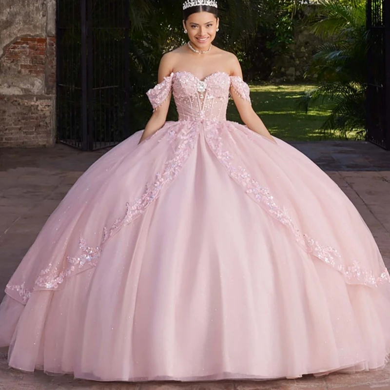 Pink Shiny Princess Off the Shoulder Sweet 16 Dress Quinceanera Dresses Applique Lace Beads Tull Party Birthday Vestidos 15 De