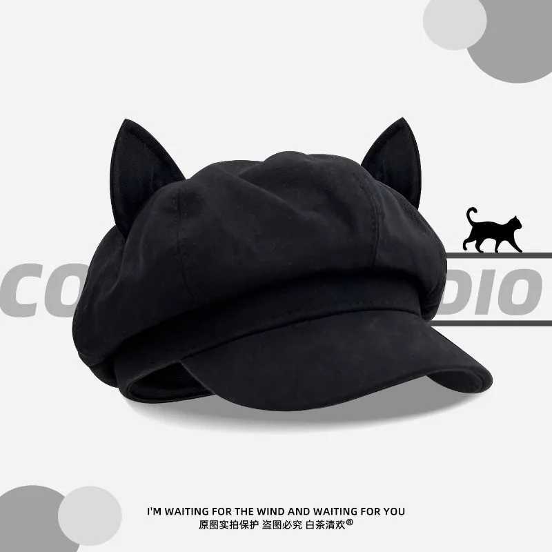 Korean Version Simple Spring and Autumn New Cat Ears Newsboy Cap Spring and Autumn Niche Fashion Short Brim Sunshade Painter Hat