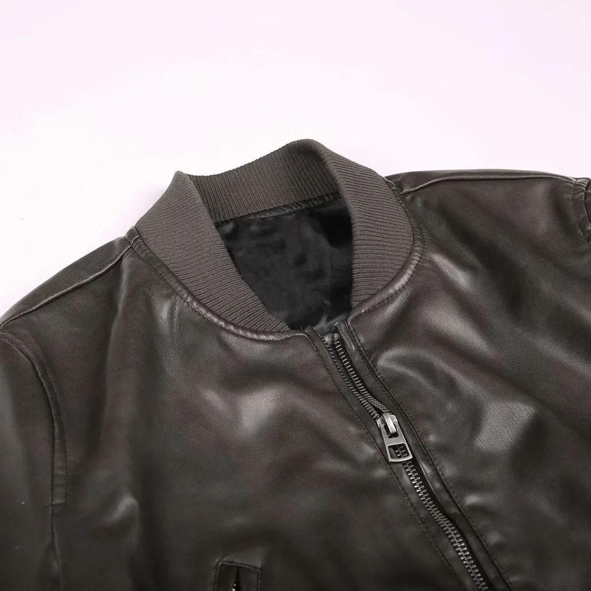 BSKTRAF Girl Stand Collar Distressed Faux Leather Bomber Jacket 2025 Womens Fashion Leather Jacket 251028