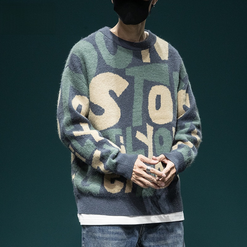 Autumn and winter new retro sweater men's loose fashion brand designer round neck sweater plus size winter thick knitted sweater jacket fashionab