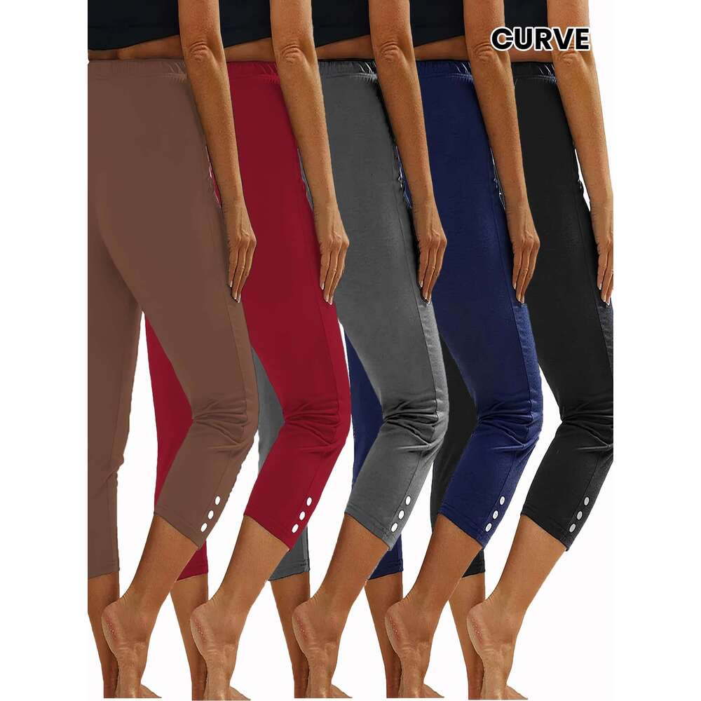 5pcs Plus Size Women's Capri Leggings - High Stretch, Solid Color with Button Detail, Perfect for Yoga & Running