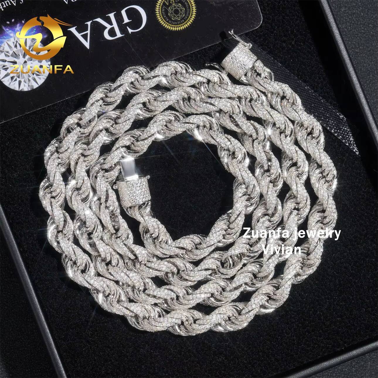 Hip Hop 10mm 925 Sterling Silver Necklace With Moissanite Clasp Iced Out Rope Chains for Menwomen