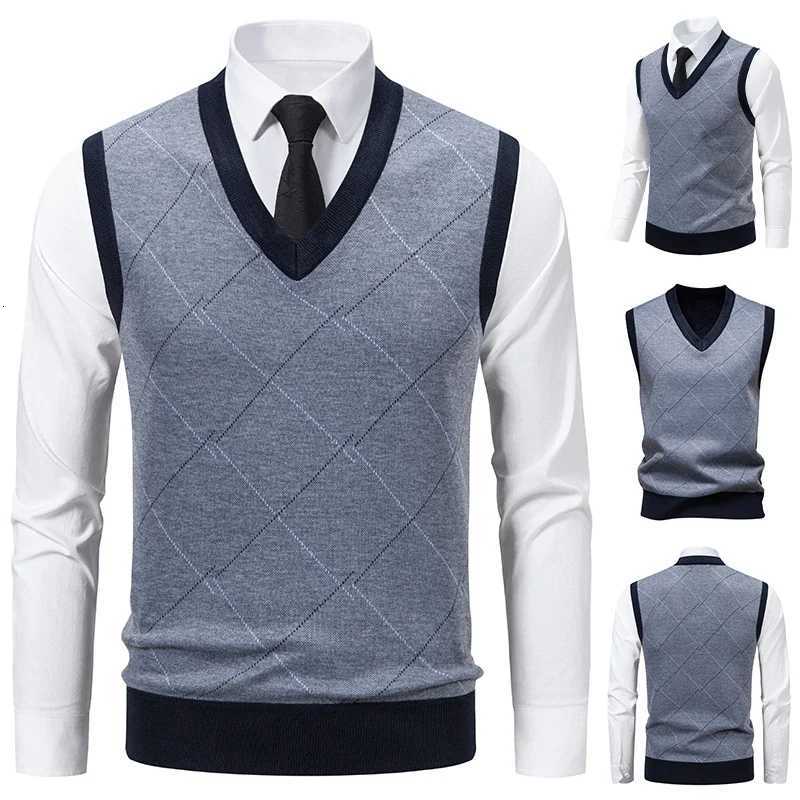 Mens Knitted Warm Sweater in Autumn and Winter Vneck Vest Diamond Grid Twisted Flower Casual Fashion Versatile Top W251029