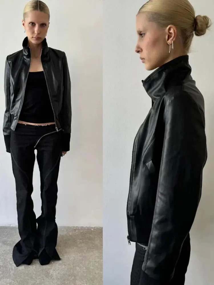 Chic Faux Leather Stand Collar Cropped Jacket Coat Womens ZipUp Ribbed Hem Slim Fit Short Outerwear 2025 Spring Autumn Outfit 251029