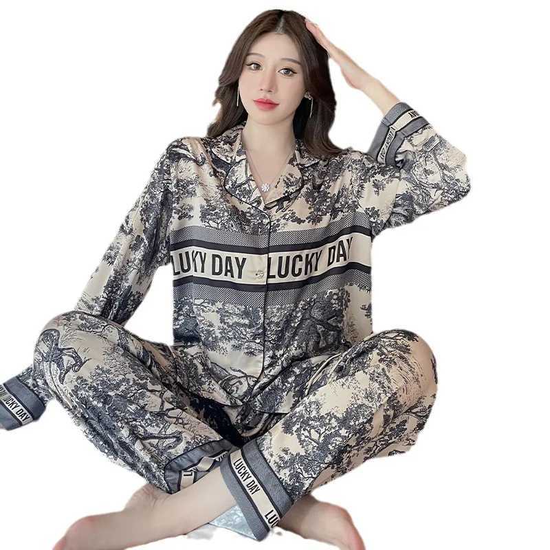 Ice silk pajamas womens inkwash painting longsleeved shirts and long pants highend elegant and comfortable home wearT251029