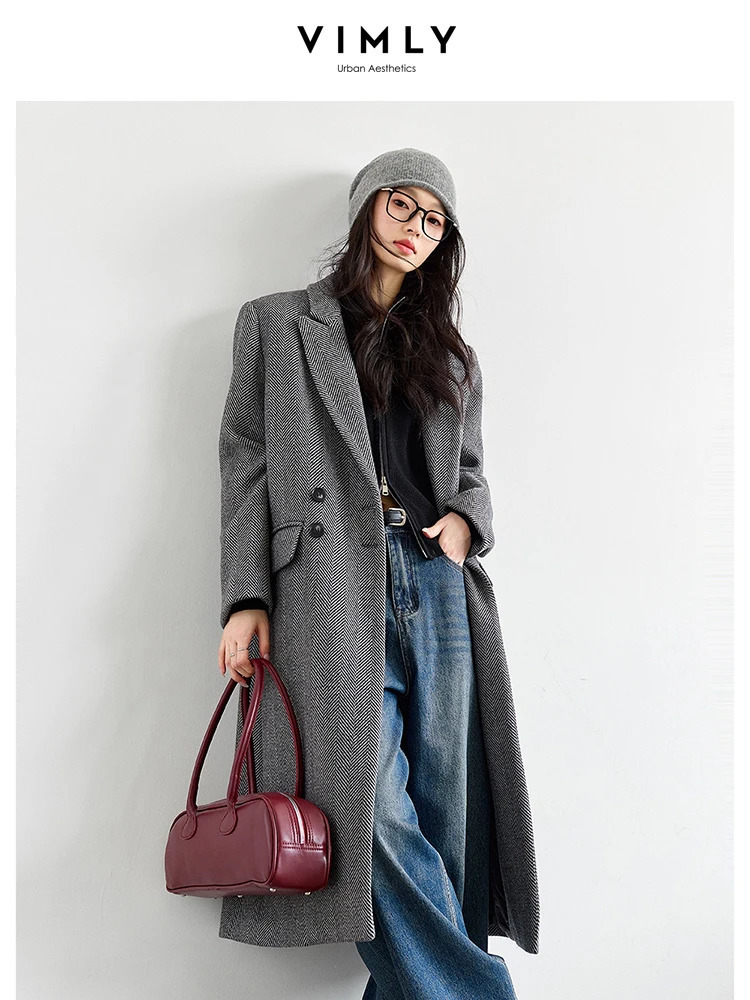 VIMLY Women Elegant Wool Blend Long Blazer Coat FallWinter Thick Warm Simple Double Breasted Overcoat Office Lady Outerwears 251028