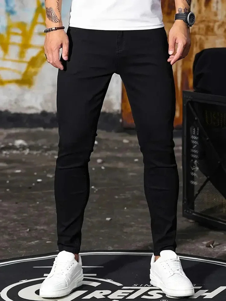 Men Jeans Stretch Skinny Denim Pants Solid Color Black Blue Spring Street Harajuku HipHop Style Slim Fit Trousers 251029