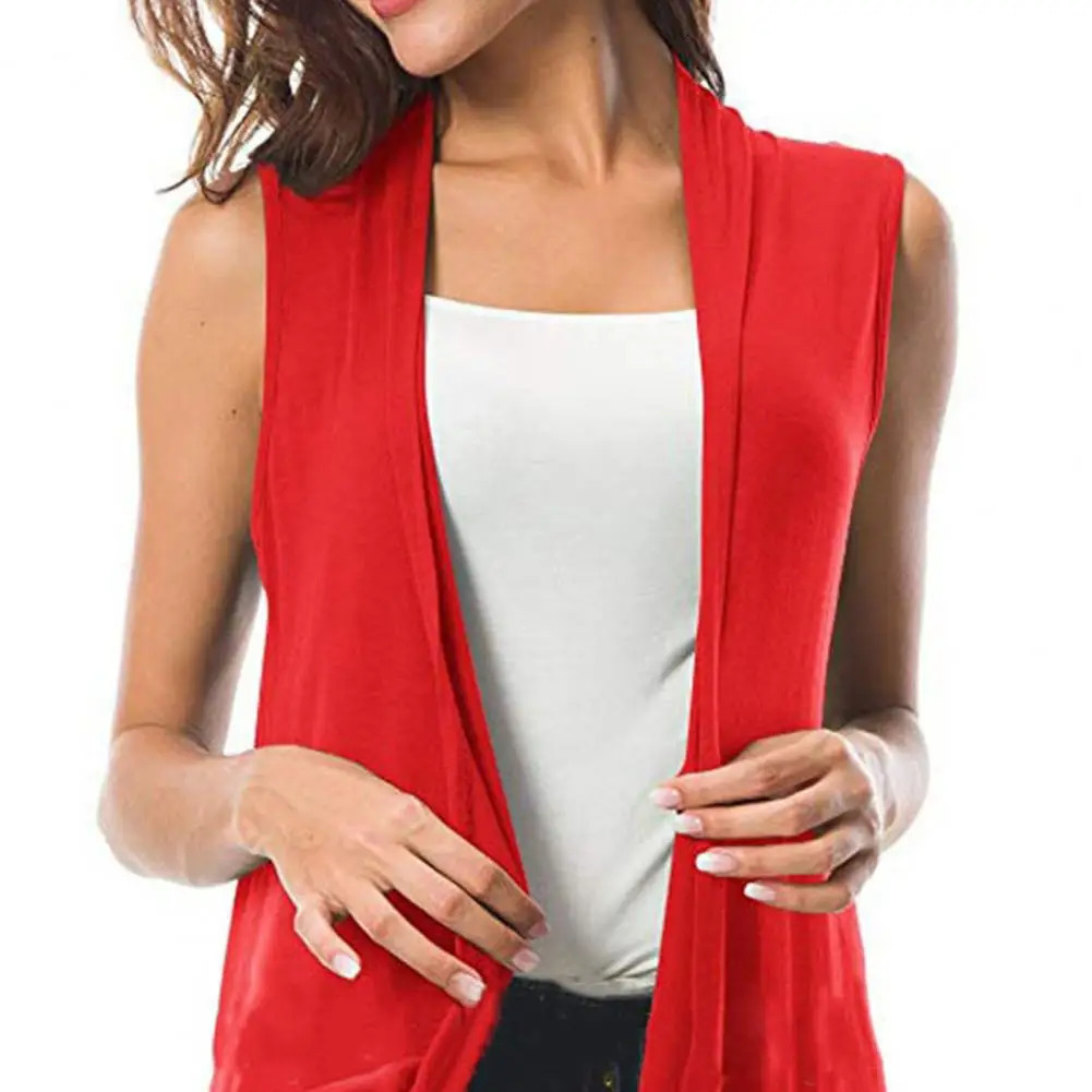 Women Cardigan Vest Solid Color Sleeveless Tank Top Open Front Draped Midlength Hem Waistcoat Lady Coat 251029