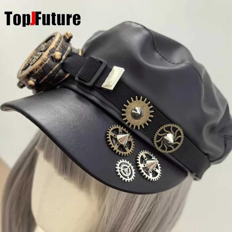 Steampunk Lolita Handmade Gear Monocular Protective Mirror Newspaper Hat Dark Gothic Rivet Duckbill cap Women Men Leather cap
