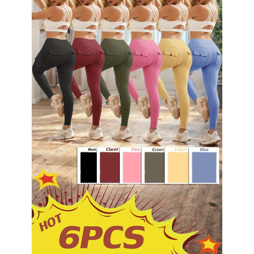 High Waist Yoga with Button Pockets, Multipack Butt Lifting Tummy Control Workout Running 4 Way Stretch Cargo Sports Pants, 6pcs Leggings Set