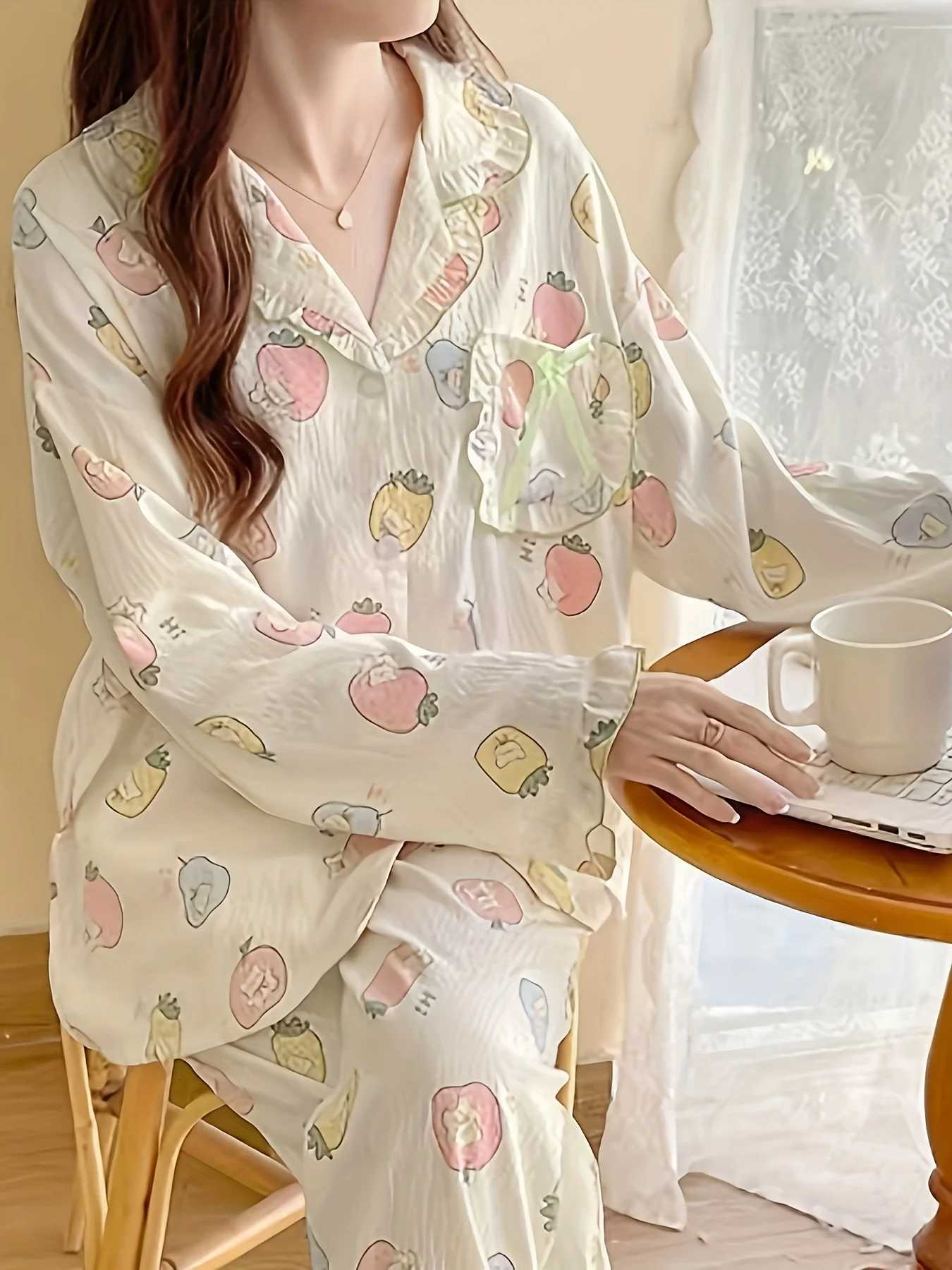 New Womens Pajama Set for Spring Autumn Long Sleeve Long Pants Cute Sweet LooseFit LoungewearT251029