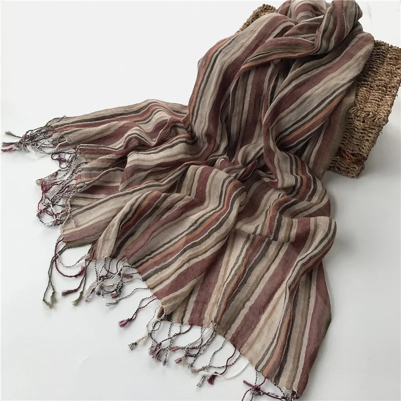 Johnature 2025 Thin Cotton Linen Striped Scarf Four Seasons Versatile Soft Neck Guard Silk Scarf Womens Travel Shawl Scarf 251029