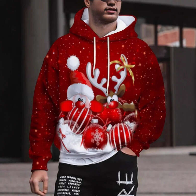 Mens Womens Christmas Father Christmas Elf Print Hoodie Casual Long Slve Sweatshirt with Pockets