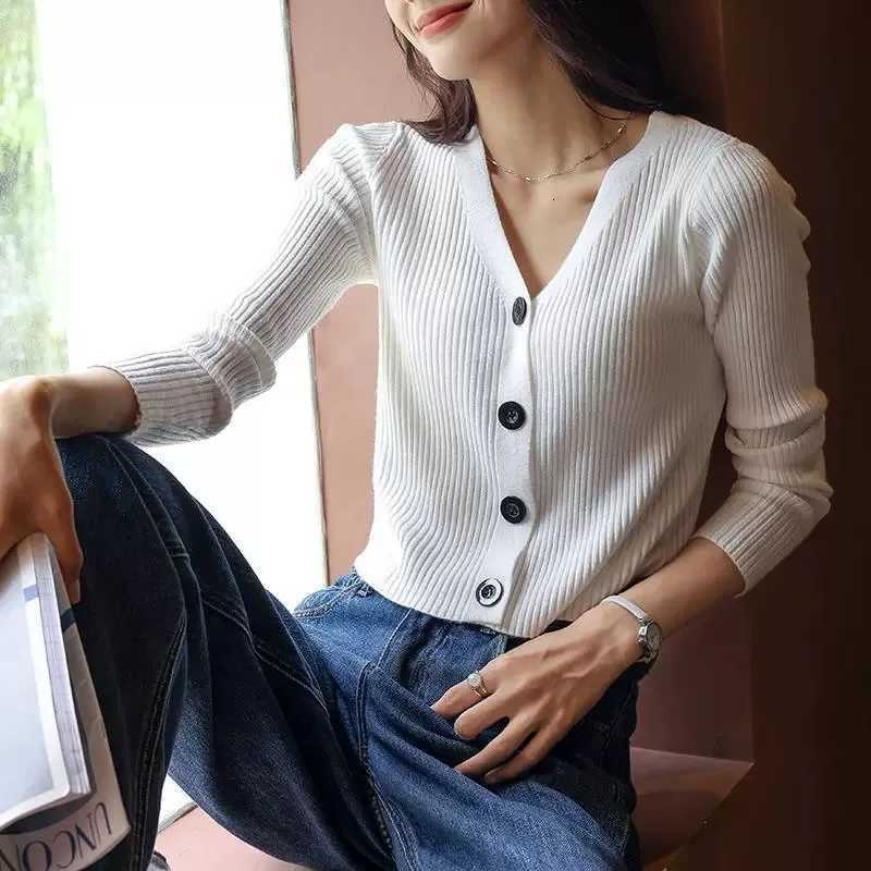 Womens Knitted Cropped Cardigans Autumn New Korean AllMatch VNeck Knitwear Jacket Ladies Solid Color SingleBreasted SweatersT251028