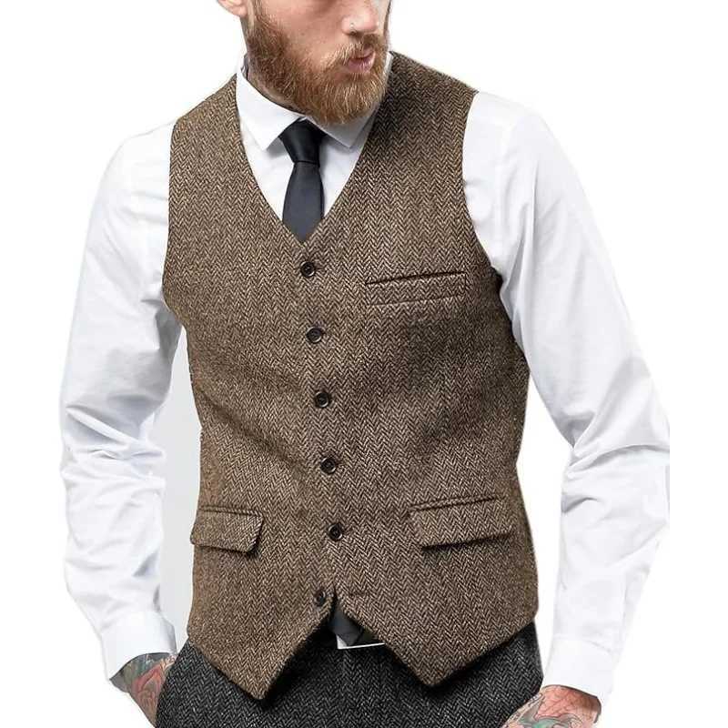Mens Vintage Herringbone Vest Slim Fit Wool Tweed Waistcoat for PromWedding Classic Retro Style Herringbone Weave W251029