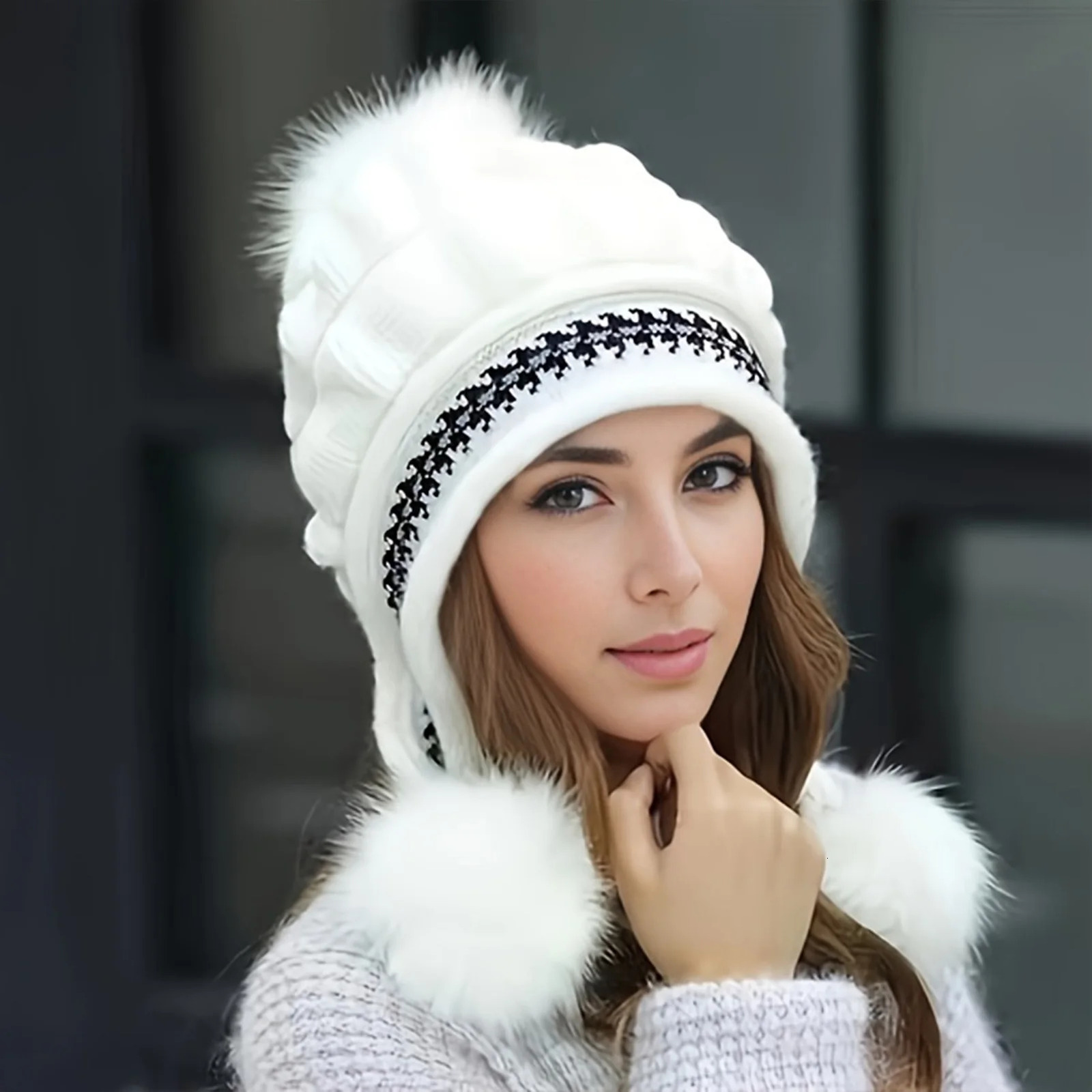 Soft Winter Warm Fur Hat Fleece Lined Earflap Hat For Women Knitted Beanie Casual Slouchy Thick Thermal Cap For Cold Weather 251029