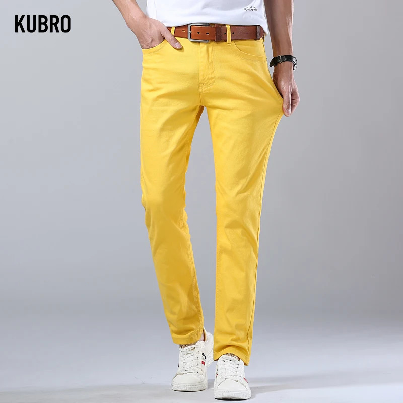 Autumn Mens Bright Stretch Fit Jeans Trendy Denim Straightleg Trousers Male Red Lake Blue Yellow Trousers 251029