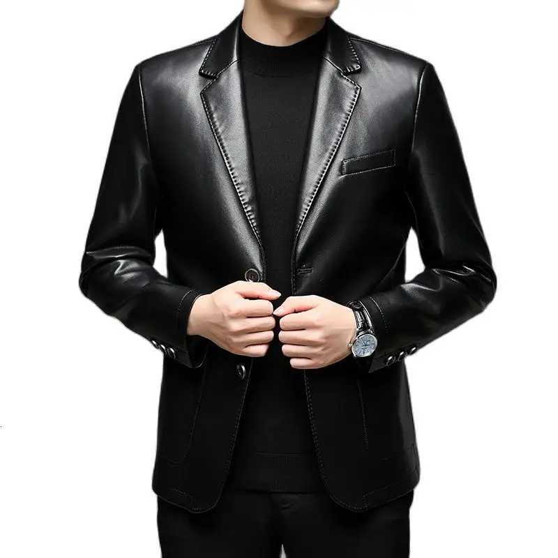 2025 New Spring Autumn Fashion Mens Business Slim Fit Faux Leather Suit Blazers Male Formal Soft Wedding Black PU Jackets CoatsT251029