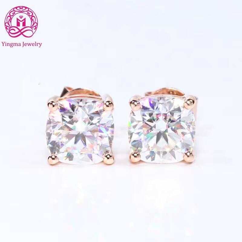 Fine14K Solid Gold Jewelry 6mm 1ct Version Total 2 Carat Per Pair Cushion Cut 18K Rose Gold Moissanite Studs Earrings